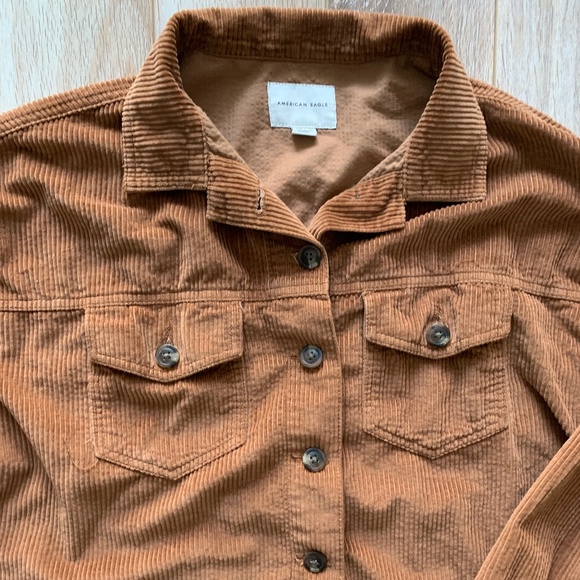 American Eagle Brown/Tan Corduroy Cropped Button Down Shirt with Raw Hem - XS/S - Picture 2 of 7